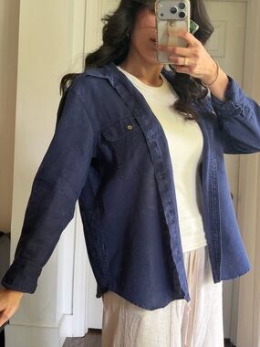 Ralph Lauren Blue Coastal Timeless Preppy 100% Linen Button Down Shirt Women L